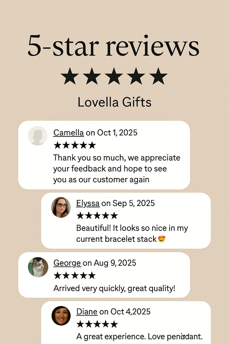 May include: Image displaying customer reviews for Lovella Gifts. The text reads "5-star reviews" with five black stars. Customer comments include dates and phrases like "great quality" and "beautiful!"