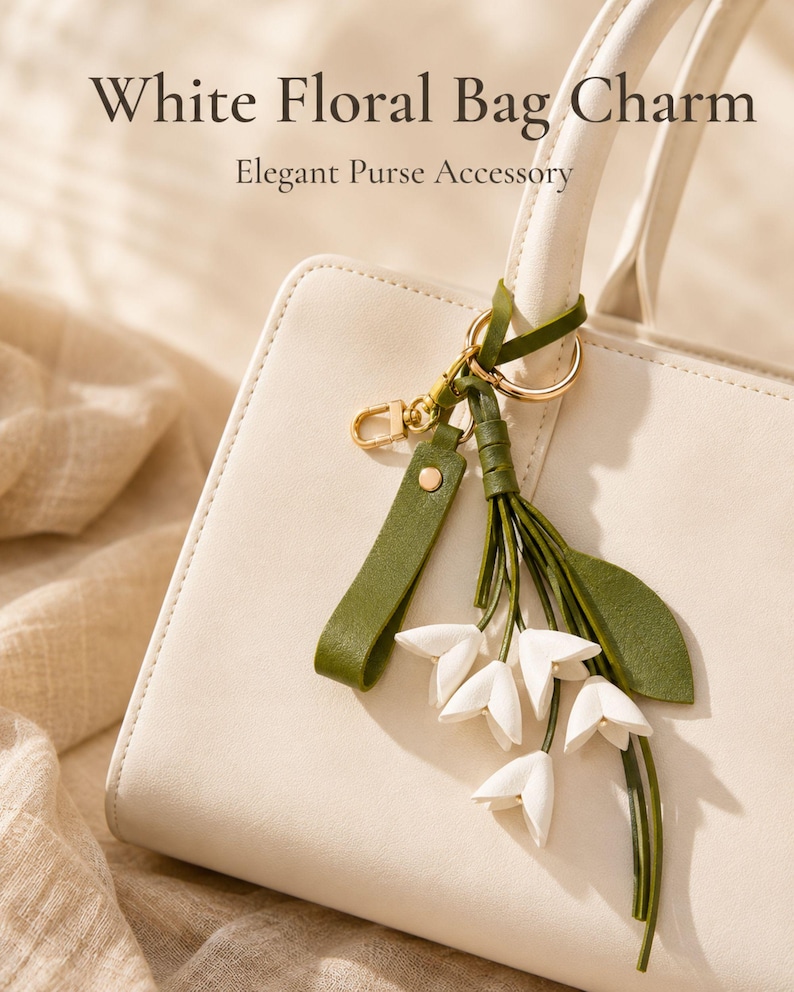 White floral bag charm with leather flowers and gold hardware, elegant purse charm accessory for women, luxury handbag charm with tassel, aesthetic white keychain for tote bag, trendy flower purse accessory, feminine handbag decoration, modern leather floral keychain, gift for her, cute white purse charm, boutique style bag accessory, minimal elegant keychain for handbags, stylish floral charm for purse, luxury fashion bag accessory