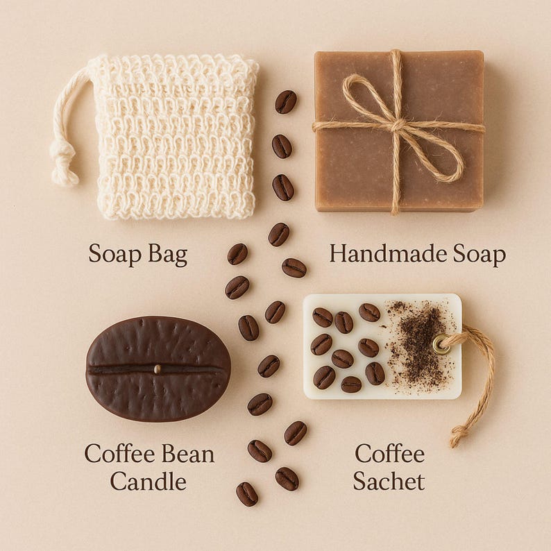 Flat-lay photo of handmade spa set including coffee bean candle, natural artisan soap, exfoliating soap bag, and coffee-scented sachet. Cozy coffee-themed gift box for her, ideal for birthdays, self-care, and thank-you gifts.