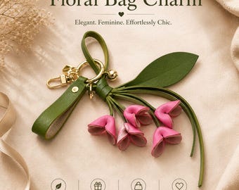 Trendy Floral Bag Charm for Purse, Rose Madder Leather Flower Keychain, Cute Bag Accessory, Girly Purse Charm, Gift for Her