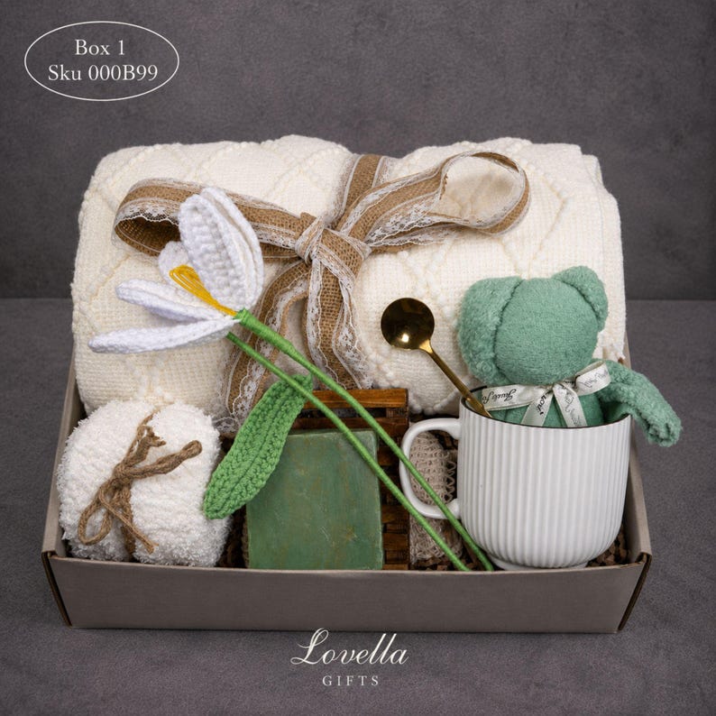 Sympathy gift box for loss of loved one featuring cozy blanket, handmade soap, ceramic mug with spoon, plush teddy bear and soft towel, bereavement care package for grief support and comfort during difficult times, condolence gift basket for women, thinking of you gift, memorial gift box, healing and recovery self care set, ready to gift sympathy package, thoughtful loss gift, comfort care box for grieving friend or family
