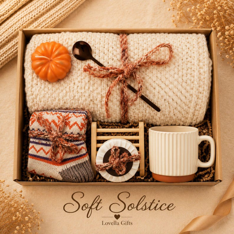 Fall gift box for women, handmade pumpkin soy candle, ceramic mug, artisan soap, decorative glass match bottle, plush teddy bear and cozy autumn socks beautifully arranged in boutique gift packaging. Cozy gift basket and autumn care package perfect as a blanket gift, hygge self care gift, comfort gift, thinking of you gift, appreciation gift, housewarming gift, Thanksgiving hostess gift, birthday gift, get well soon gift and seasonal gift for mom, grandma, sister, friend or coworker.
