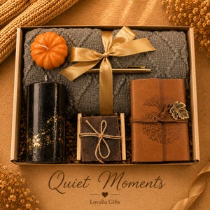 Fall gift box for women, handmade pumpkin soy candle, ceramic mug, artisan soap, decorative glass match bottle, plush teddy bear and cozy autumn socks beautifully arranged in boutique gift packaging. Cozy gift basket and autumn care package perfect as a blanket gift, hygge self care gift, comfort gift, thinking of you gift, appreciation gift, housewarming gift, Thanksgiving hostess gift, birthday gift, get well soon gift and seasonal gift for mom, grandma, sister, friend or coworker.