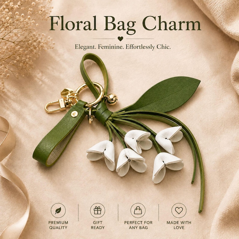 White floral bag charm with leather flowers and gold hardware, elegant purse charm accessory for women, luxury handbag charm with tassel, aesthetic white keychain for tote bag, trendy flower purse accessory, feminine handbag decoration, modern leather floral keychain, gift for her, cute white purse charm, boutique style bag accessory, minimal elegant keychain for handbags, stylish floral charm for purse, luxury fashion bag accessory