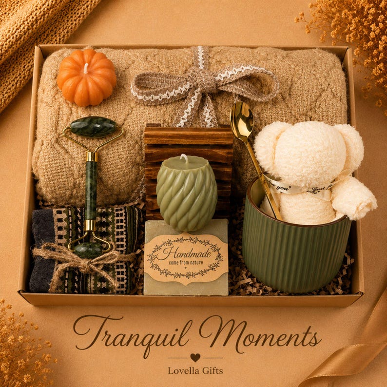 Fall gift box for women, handmade pumpkin soy candle, ceramic mug, artisan soap, decorative glass match bottle, plush teddy bear and cozy autumn socks beautifully arranged in boutique gift packaging. Cozy gift basket and autumn care package perfect as a blanket gift, hygge self care gift, comfort gift, thinking of you gift, appreciation gift, housewarming gift, Thanksgiving hostess gift, birthday gift, get well soon gift and seasonal gift for mom, grandma, sister, friend or coworker.