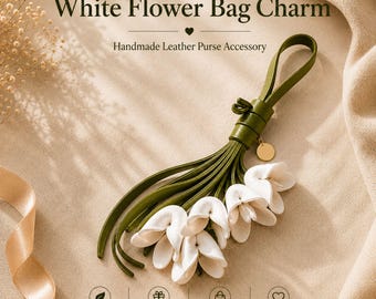 Flower Bag Charm, Floral Purse Charm, White Leather Tassel Keychain, Tote Bag Accessory, Handmade Gift for Women Leather Tassel Keychain