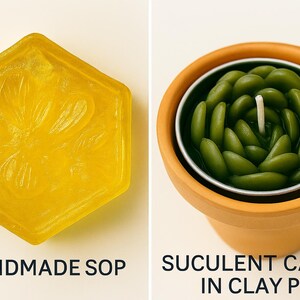 Op de afbeelding: Een zeshoekige gele zeep met een bloemenontwerp en de tekst "HANDMADE SOP". Daarnaast een groene vetplant-vormige kaars in een kleipot, met de tekst "SUCULENT CANDLE IN CLAY POT".