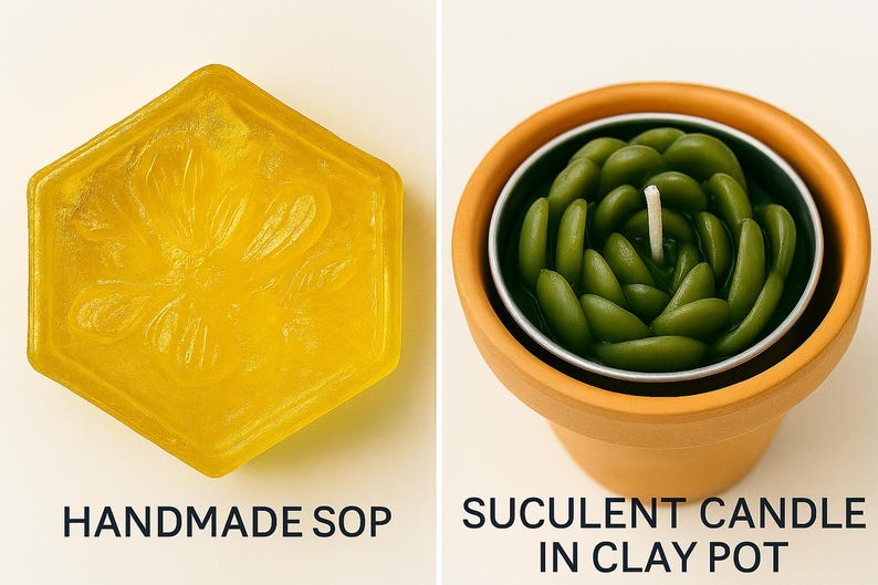 Op de afbeelding: Een zeshoekige gele zeep met een bloemenontwerp en de tekst "HANDMADE SOP". Daarnaast een groene vetplant-vormige kaars in een kleipot, met de tekst "SUCULENT CANDLE IN CLAY POT".