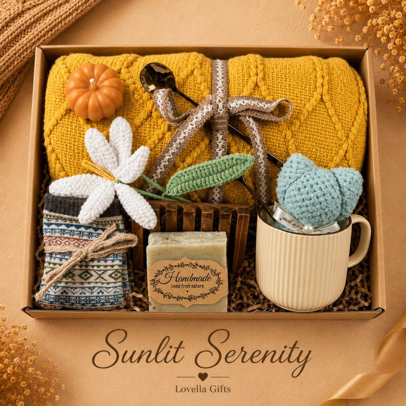 Fall gift box for women, handmade pumpkin soy candle, ceramic mug, artisan soap, decorative glass match bottle, plush teddy bear and cozy autumn socks beautifully arranged in boutique gift packaging. Cozy gift basket and autumn care package perfect as a blanket gift, hygge self care gift, comfort gift, thinking of you gift, appreciation gift, housewarming gift, Thanksgiving hostess gift, birthday gift, get well soon gift and seasonal gift for mom, grandma, sister, friend or coworker.