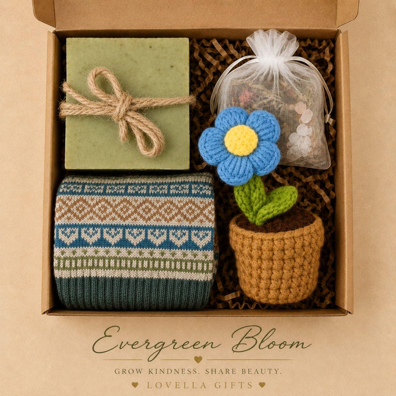 May include: A gift box containing a square green soap wrapped in twine, a pair of folded socks with a blue and brown geometric pattern, a small white organza bag of dried botanicals, and a crocheted blue flower in a brown pot.