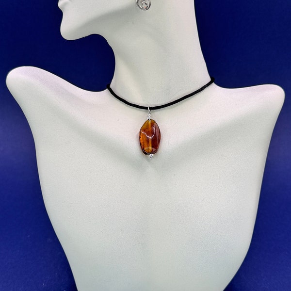 Amber choker, Amber choker necklace, Amber Y2K necklace, Amber charm choker, Amber charm necklace, Sterling silver, Amber pendant,Black cord