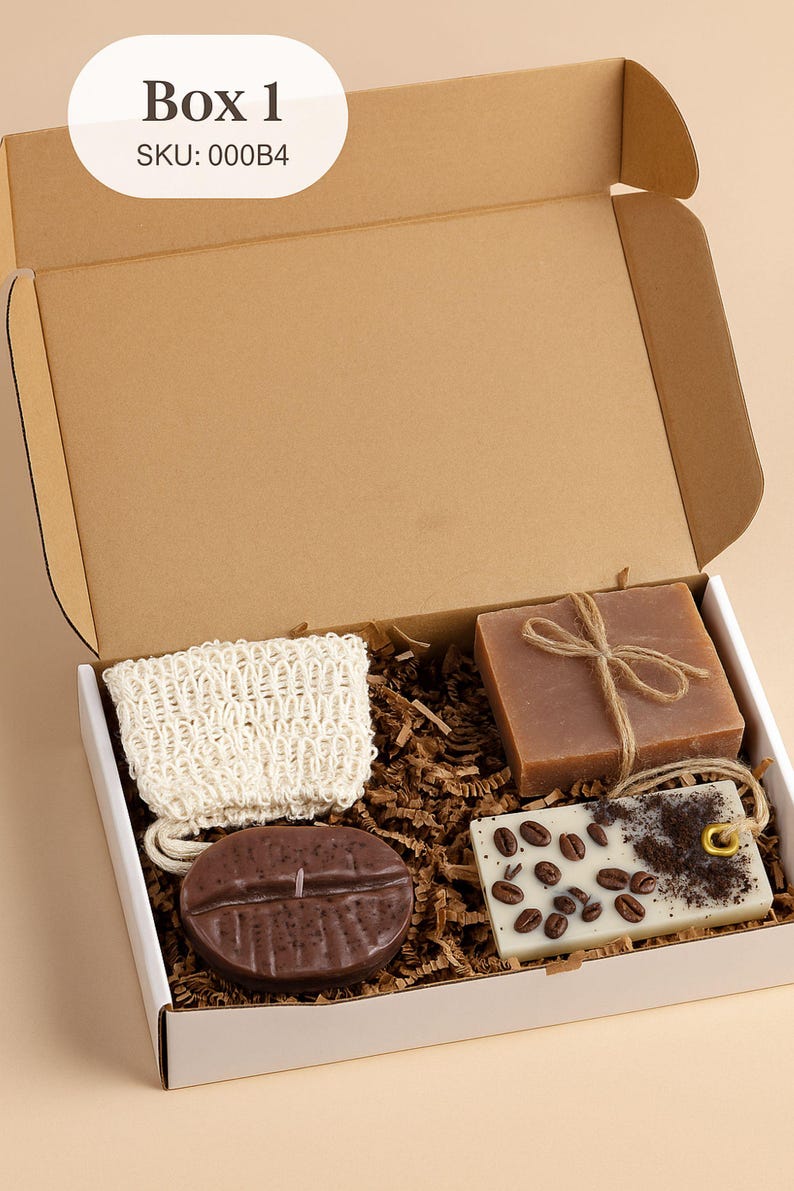 Handmade Coffee Lovers Gift Box with coffee-bean shaped candle, natural soap with soap bag, and a coffee-scented sachet. Cozy mini spa gift set for women, perfect for birthdays, thank-you gifts, relaxation, and coffee lovers. Beautifully arranged in a gift box, ready to send.