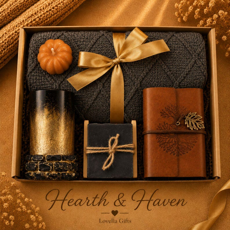 Fall gift box for women, handmade pumpkin soy candle, ceramic mug, artisan soap, decorative glass match bottle, plush teddy bear and cozy autumn socks beautifully arranged in boutique gift packaging. Cozy gift basket and autumn care package perfect as a blanket gift, hygge self care gift, comfort gift, thinking of you gift, appreciation gift, housewarming gift, Thanksgiving hostess gift, birthday gift, get well soon gift and seasonal gift for mom, grandma, sister, friend or coworker.