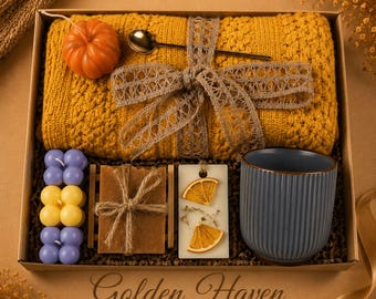 Fall Care Package, Thanksgiving Gift Box, Cozy Blanket Gift, Pumpkin Candle, Autumn Self Care Box, Gift for Her, Hostess Gift for Women