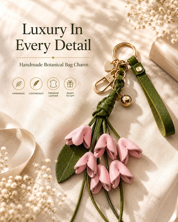 Luxury Botanical Bag Charm, Leather Purse Charm, Floral Handbag Accessory, Designer Style Gift for Her Sister, Ready to Gift Box Included