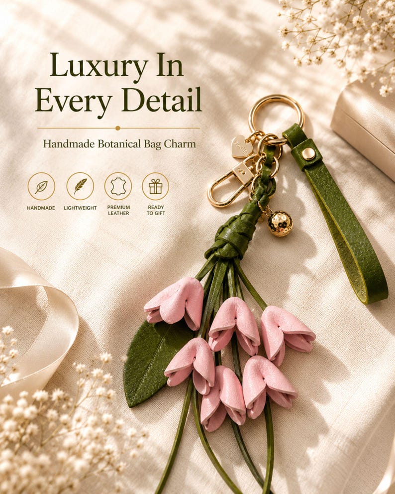 Luxury botanical leather bag charm featuring blush pink leather flowers, olive green leather leaves, decorative tassel, wrist loop, premium gold hardware, and elegant handbag accessory. Handmade floral purse charm designed for luxury handbags, designer inspired totes, shoulder bags, crossbody purses, woven beach bags, and everyday handbags. Arrives beautifully packaged in a signature gift box, making a ready to gift birthday gift, Mother's Day gift, bridesmaid gift, Christmas gift for women.