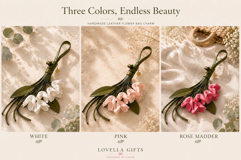 Handmade sunflower bag charm featuring soft pink leather flowers, olive green leather tassel, premium gold sunflower charm and luxury gold hardware. Botanical handbag accessory designed for tote bags, leather handbags, shoulder bags, crossbody bags, straw bags, beach bags and backpacks. Cottagecore purse charm inspired by nature and garden style. Floral bag jewelry, handmade leather keychain, lightweight purse decoration, gift for women, Mother's Day gift, birthday gift, bridesmaid gift.