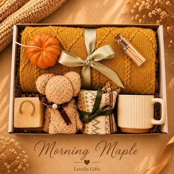 Fall Gift Box for Women, Cozy Gift Basket, Autumn Care Package, Blanket & Pumpkin Candle Gift Set, Hygge Self Care Comfort Gift