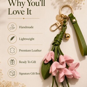 Luxury botanical leather bag charm featuring blush pink leather flowers, olive green leather leaves, decorative tassel, wrist loop, premium gold hardware, and elegant handbag accessory. Handmade floral purse charm designed for luxury handbags, designer inspired totes, shoulder bags, crossbody purses, woven beach bags, and everyday handbags. Arrives beautifully packaged in a signature gift box, making a ready to gift birthday gift, Mother's Day gift, bridesmaid gift, Christmas gift for women.
