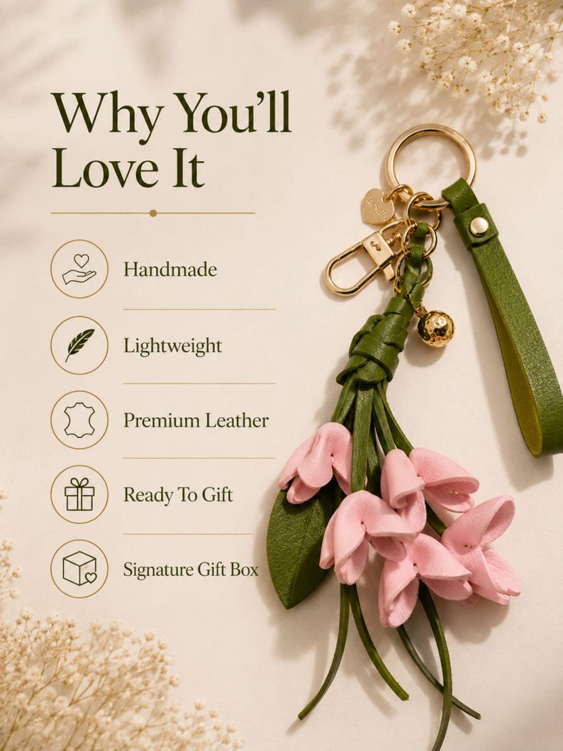 Luxury botanical leather bag charm featuring blush pink leather flowers, olive green leather leaves, decorative tassel, wrist loop, premium gold hardware, and elegant handbag accessory. Handmade floral purse charm designed for luxury handbags, designer inspired totes, shoulder bags, crossbody purses, woven beach bags, and everyday handbags. Arrives beautifully packaged in a signature gift box, making a ready to gift birthday gift, Mother's Day gift, bridesmaid gift, Christmas gift for women.