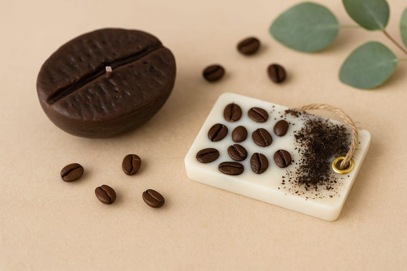 Close-up of handmade coffee bean shaped soy candle, warm cozy aesthetic, perfect gift for coffee lovers, spa gifts, and home décor.