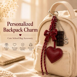 May include: A beige mini backpack featuring a personalized backpack charm with a dark red heart, a dark red bow, a dark chocolate bar charm, and a silver letter S charm attached to a silver keyring. The text reads Personalized Backpack Charm.
