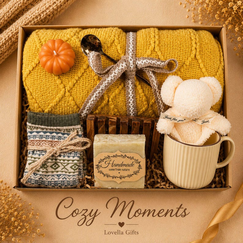 Fall gift box for women, handmade pumpkin soy candle, ceramic mug, artisan soap, decorative glass match bottle, plush teddy bear and cozy autumn socks beautifully arranged in boutique gift packaging. Cozy gift basket and autumn care package perfect as a blanket gift, hygge self care gift, comfort gift, thinking of you gift, appreciation gift, housewarming gift, Thanksgiving hostess gift, birthday gift, get well soon gift and seasonal gift for mom, grandma, sister, friend or coworker.