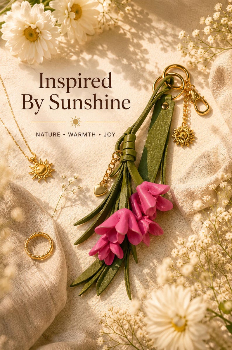 Handmade sunflower bag charm featuring soft pink leather flowers, olive green leather tassel, premium gold sunflower charm and luxury gold hardware. Botanical handbag accessory designed for tote bags, leather handbags, shoulder bags, crossbody bags, straw bags, beach bags and backpacks. Cottagecore purse charm inspired by nature and garden style. Floral bag jewelry, handmade leather keychain, lightweight purse decoration, gift for women, Mother's Day gift, birthday gift, bridesmaid gift.
