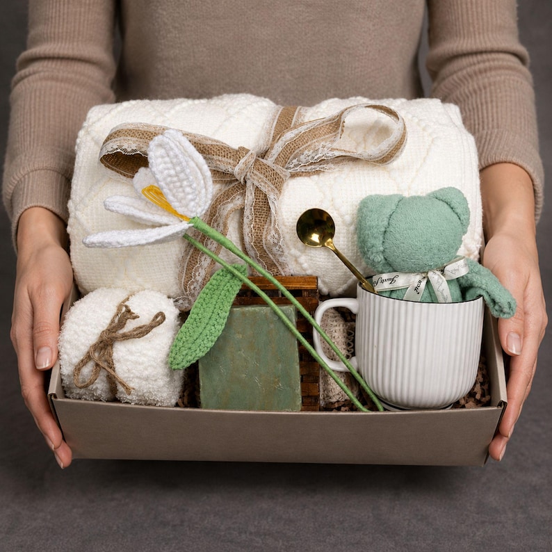 Sympathy gift box for loss of loved one featuring cozy blanket, handmade soap, ceramic mug with spoon, plush teddy bear and soft towel, bereavement care package for grief support and comfort during difficult times, condolence gift basket for women, thinking of you gift, memorial gift box, healing and recovery self care set, ready to gift sympathy package, thoughtful loss gift, comfort care box for grieving friend or family