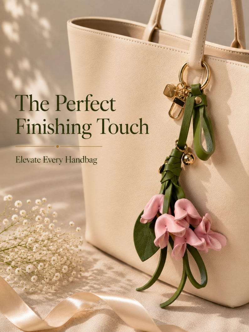 Luxury botanical leather bag charm featuring blush pink leather flowers, olive green leather leaves, decorative tassel, wrist loop, premium gold hardware, and elegant handbag accessory. Handmade floral purse charm designed for luxury handbags, designer inspired totes, shoulder bags, crossbody purses, woven beach bags, and everyday handbags. Arrives beautifully packaged in a signature gift box, making a ready to gift birthday gift, Mother's Day gift, bridesmaid gift, Christmas gift for women.