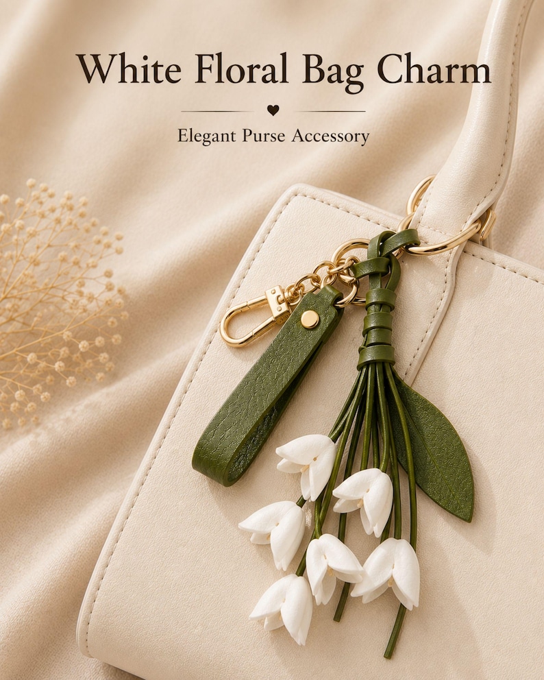 White floral bag charm with leather flowers and gold hardware, elegant purse charm accessory for women, luxury handbag charm with tassel, aesthetic white keychain for tote bag, trendy flower purse accessory, feminine handbag decoration, modern leather floral keychain, gift for her, cute white purse charm, boutique style bag accessory, minimal elegant keychain for handbags, stylish floral charm for purse, luxury fashion bag accessory