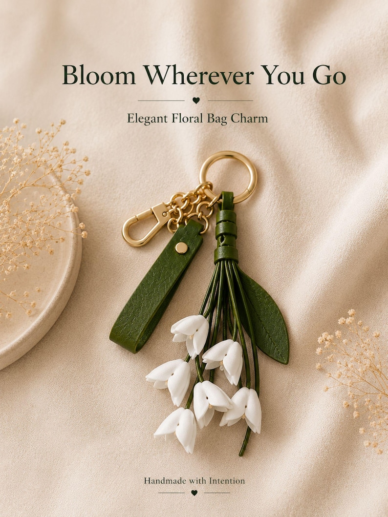 White floral bag charm with leather flowers and gold hardware, elegant purse charm accessory for women, luxury handbag charm with tassel, aesthetic white keychain for tote bag, trendy flower purse accessory, feminine handbag decoration, modern leather floral keychain, gift for her, cute white purse charm, boutique style bag accessory, minimal elegant keychain for handbags, stylish floral charm for purse, luxury fashion bag accessory