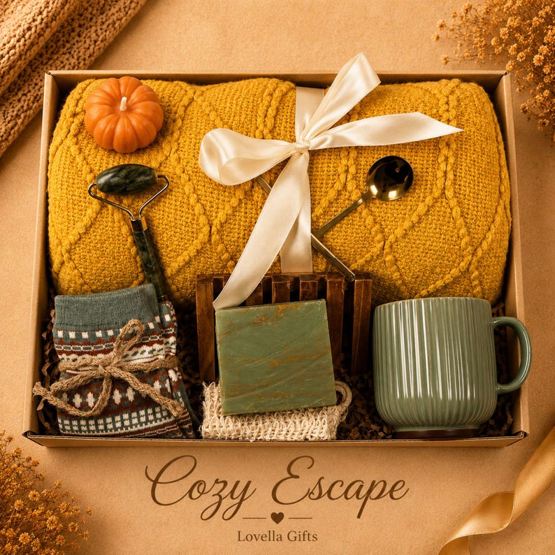 Fall gift box for women, handmade pumpkin soy candle, ceramic mug, artisan soap, decorative glass match bottle, plush teddy bear and cozy autumn socks beautifully arranged in boutique gift packaging. Cozy gift basket and autumn care package perfect as a blanket gift, hygge self care gift, comfort gift, thinking of you gift, appreciation gift, housewarming gift, Thanksgiving hostess gift, birthday gift, get well soon gift and seasonal gift for mom, grandma, sister, friend or coworker.