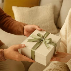 Op de afbeelding: Een rechthoekige, cr&egrave;mekleurige geschenkdoos met een saliegroen lint wordt overhandigd. De achtergrond toont een bank en kussens. De sc&egrave;ne toont een persoon die een cadeau aan een ander geeft.