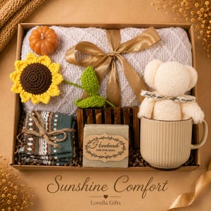 Fall gift box for women, handmade pumpkin soy candle, ceramic mug, artisan soap, decorative glass match bottle, plush teddy bear and cozy autumn socks beautifully arranged in boutique gift packaging. Cozy gift basket and autumn care package perfect as a blanket gift, hygge self care gift, comfort gift, thinking of you gift, appreciation gift, housewarming gift, Thanksgiving hostess gift, birthday gift, get well soon gift and seasonal gift for mom, grandma, sister, friend or coworker.