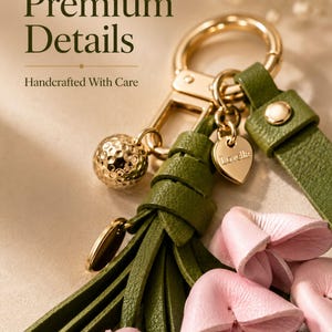 Luxury botanical leather bag charm featuring blush pink leather flowers, olive green leather leaves, decorative tassel, wrist loop, premium gold hardware, and elegant handbag accessory. Handmade floral purse charm designed for luxury handbags, designer inspired totes, shoulder bags, crossbody purses, woven beach bags, and everyday handbags. Arrives beautifully packaged in a signature gift box, making a ready to gift birthday gift, Mother's Day gift, bridesmaid gift, Christmas gift for women.
