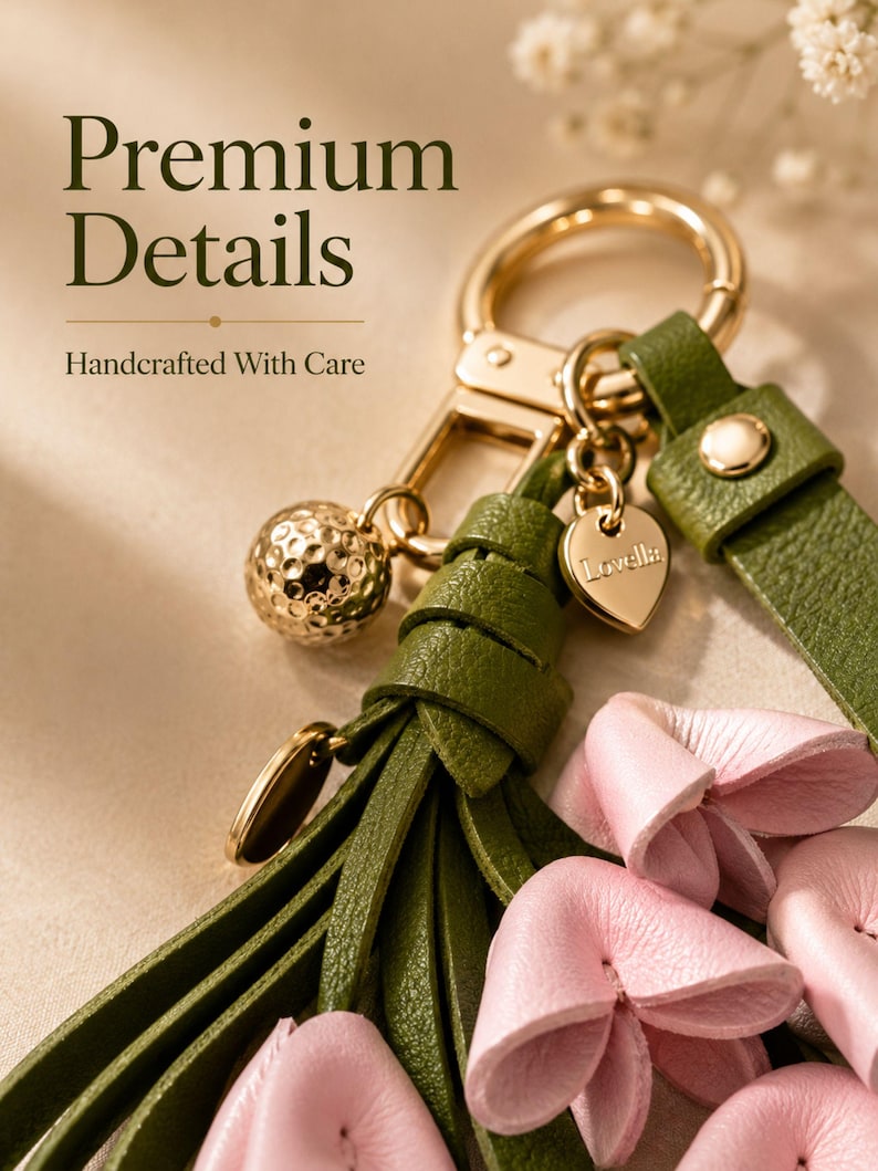 Luxury botanical leather bag charm featuring blush pink leather flowers, olive green leather leaves, decorative tassel, wrist loop, premium gold hardware, and elegant handbag accessory. Handmade floral purse charm designed for luxury handbags, designer inspired totes, shoulder bags, crossbody purses, woven beach bags, and everyday handbags. Arrives beautifully packaged in a signature gift box, making a ready to gift birthday gift, Mother's Day gift, bridesmaid gift, Christmas gift for women.