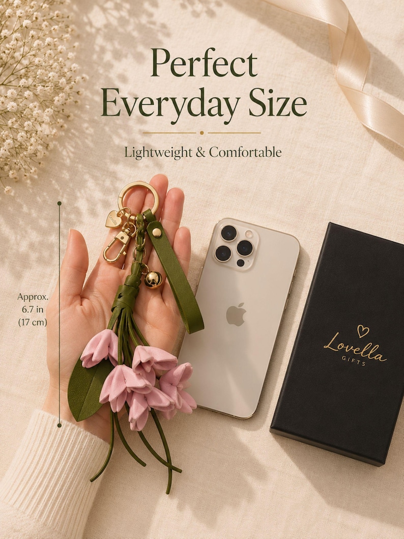 Luxury botanical leather bag charm featuring blush pink leather flowers, olive green leather leaves, decorative tassel, wrist loop, premium gold hardware, and elegant handbag accessory. Handmade floral purse charm designed for luxury handbags, designer inspired totes, shoulder bags, crossbody purses, woven beach bags, and everyday handbags. Arrives beautifully packaged in a signature gift box, making a ready to gift birthday gift, Mother's Day gift, bridesmaid gift, Christmas gift for women.