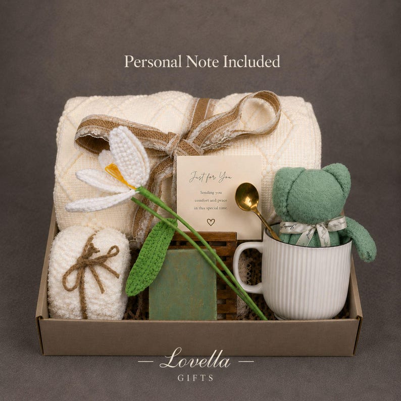 Sympathy gift box for loss of loved one featuring cozy blanket, handmade soap, ceramic mug with spoon, plush teddy bear and soft towel, bereavement care package for grief support and comfort during difficult times, condolence gift basket for women, thinking of you gift, memorial gift box, healing and recovery self care set, ready to gift sympathy package, thoughtful loss gift, comfort care box for grieving friend or family
