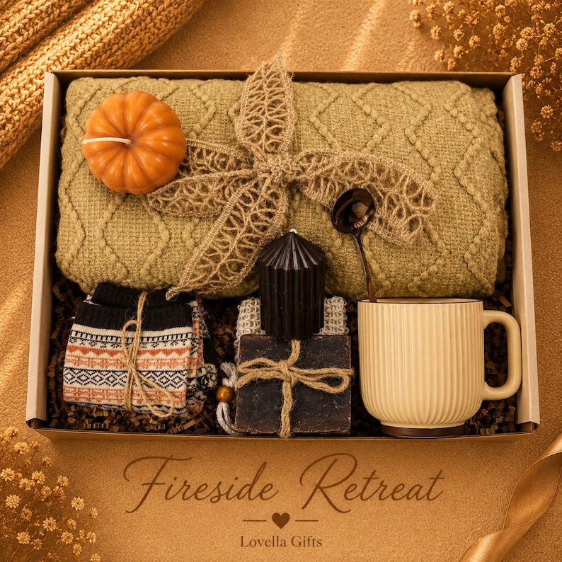 Fall gift box for women, handmade pumpkin soy candle, ceramic mug, artisan soap, decorative glass match bottle, plush teddy bear and cozy autumn socks beautifully arranged in boutique gift packaging. Cozy gift basket and autumn care package perfect as a blanket gift, hygge self care gift, comfort gift, thinking of you gift, appreciation gift, housewarming gift, Thanksgiving hostess gift, birthday gift, get well soon gift and seasonal gift for mom, grandma, sister, friend or coworker.