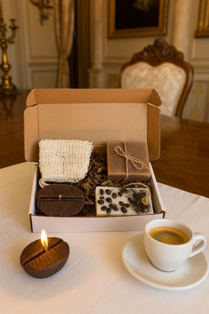 Handmade Coffee Lovers Gift Box with coffee-bean shaped candle, natural soap with soap bag, and a coffee-scented sachet. Cozy mini spa gift set for women, perfect for birthdays, thank-you gifts, relaxation, and coffee lovers. Beautifully arranged in a gift box, ready to send.
