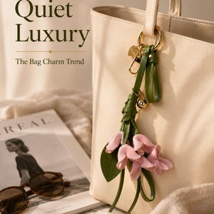 Luxury botanical leather bag charm featuring blush pink leather flowers, olive green leather leaves, decorative tassel, wrist loop, premium gold hardware, and elegant handbag accessory. Handmade floral purse charm designed for luxury handbags, designer inspired totes, shoulder bags, crossbody purses, woven beach bags, and everyday handbags. Arrives beautifully packaged in a signature gift box, making a ready to gift birthday gift, Mother's Day gift, bridesmaid gift, Christmas gift for women.