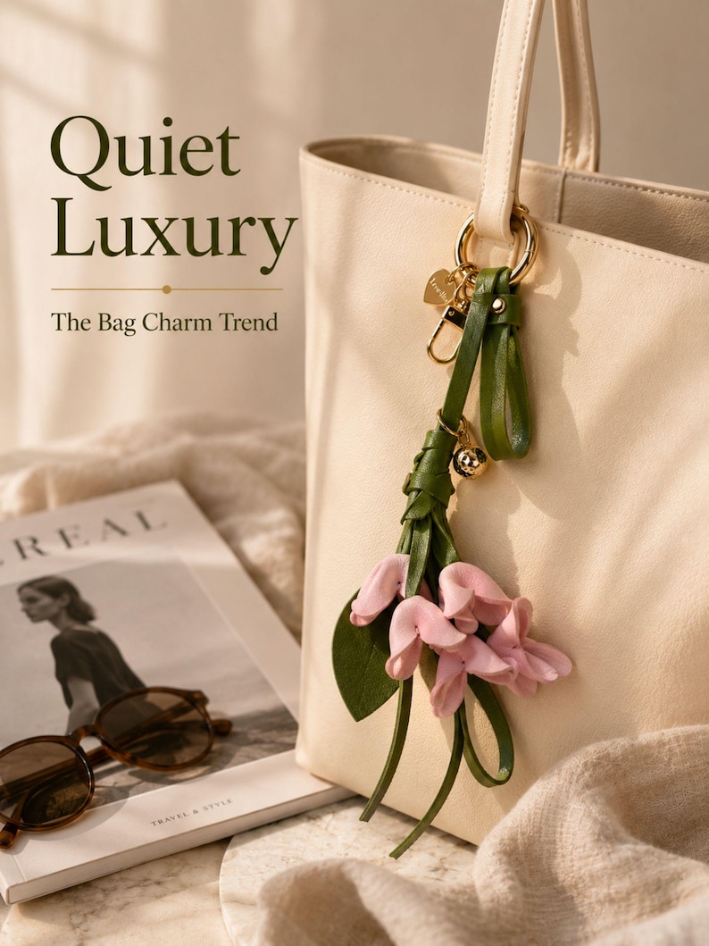Luxury botanical leather bag charm featuring blush pink leather flowers, olive green leather leaves, decorative tassel, wrist loop, premium gold hardware, and elegant handbag accessory. Handmade floral purse charm designed for luxury handbags, designer inspired totes, shoulder bags, crossbody purses, woven beach bags, and everyday handbags. Arrives beautifully packaged in a signature gift box, making a ready to gift birthday gift, Mother's Day gift, bridesmaid gift, Christmas gift for women.