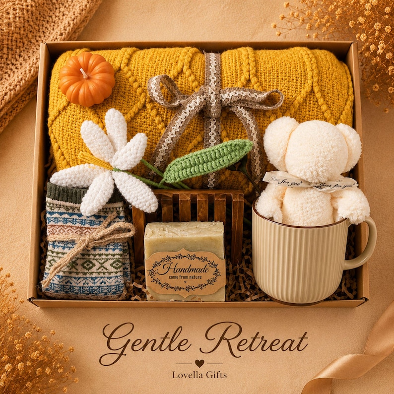 Fall gift box for women, handmade pumpkin soy candle, ceramic mug, artisan soap, decorative glass match bottle, plush teddy bear and cozy autumn socks beautifully arranged in boutique gift packaging. Cozy gift basket and autumn care package perfect as a blanket gift, hygge self care gift, comfort gift, thinking of you gift, appreciation gift, housewarming gift, Thanksgiving hostess gift, birthday gift, get well soon gift and seasonal gift for mom, grandma, sister, friend or coworker.