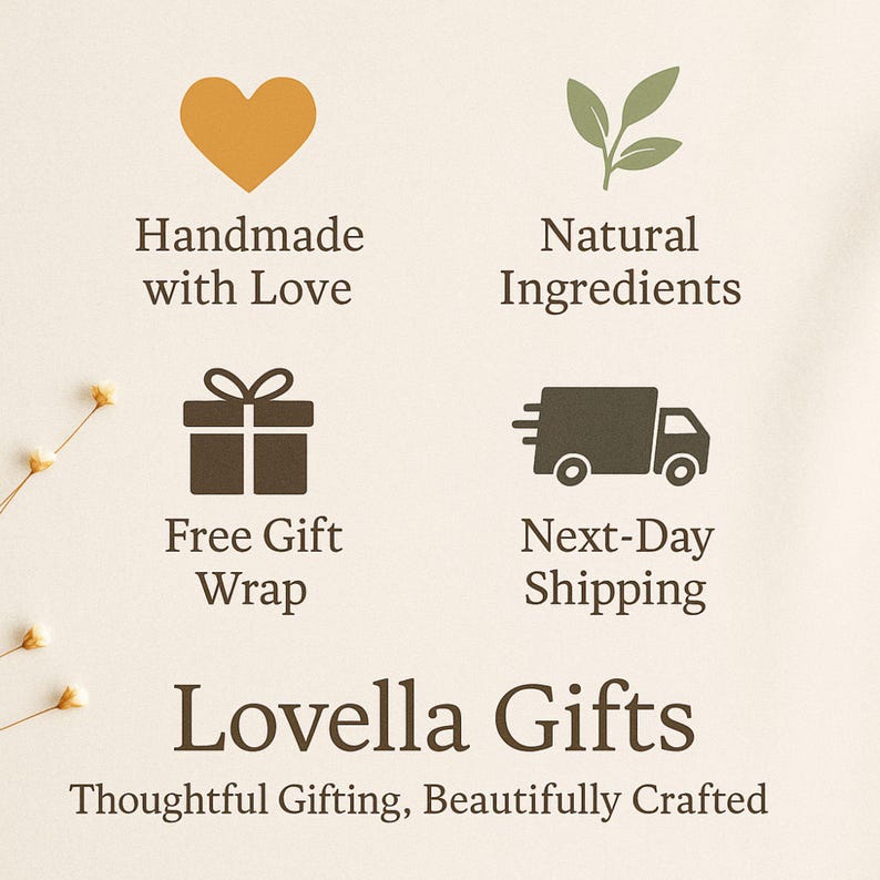 May include: A beige graphic with the text "Handmade with Love", "Natural Ingredients", "Free Gift Wrap", and "Lovella Gifts". The image also includes a heart, leaves, a gift box, and a delivery truck.