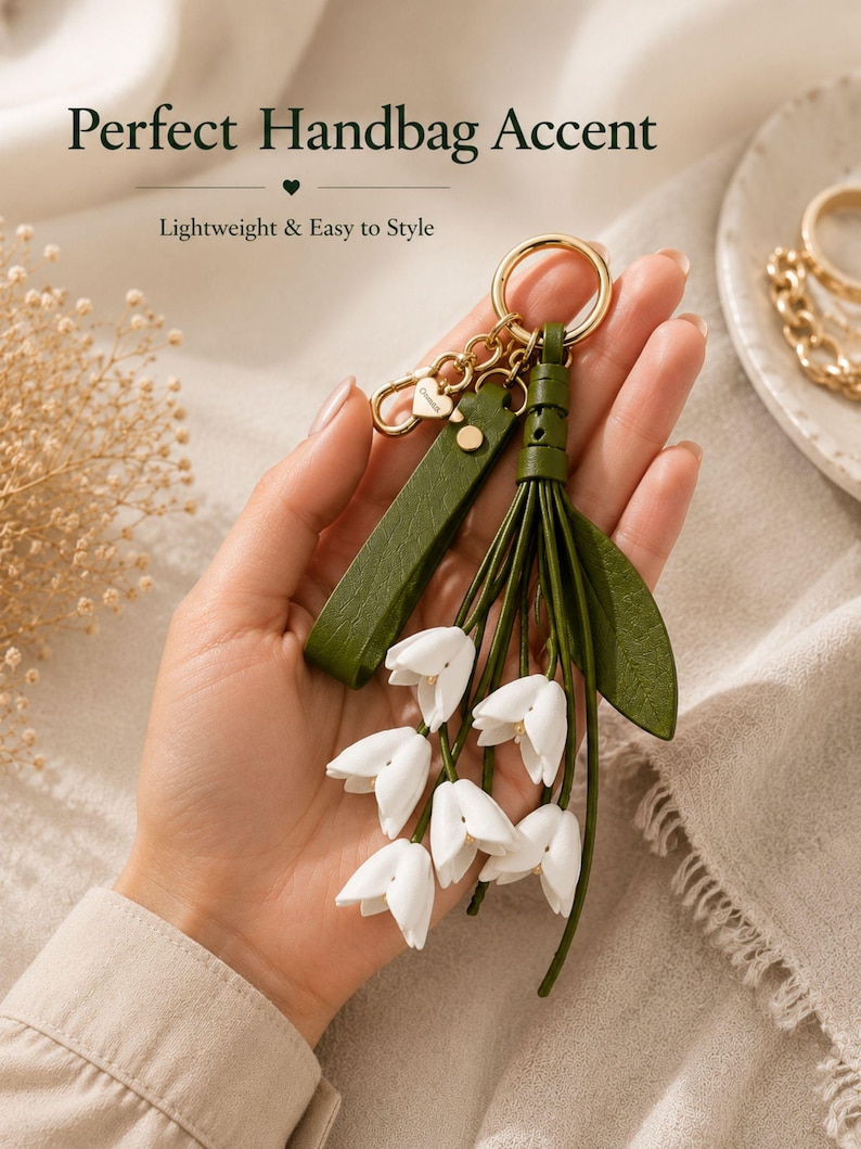 White floral bag charm with leather flowers and gold hardware, elegant purse charm accessory for women, luxury handbag charm with tassel, aesthetic white keychain for tote bag, trendy flower purse accessory, feminine handbag decoration, modern leather floral keychain, gift for her, cute white purse charm, boutique style bag accessory, minimal elegant keychain for handbags, stylish floral charm for purse, luxury fashion bag accessory