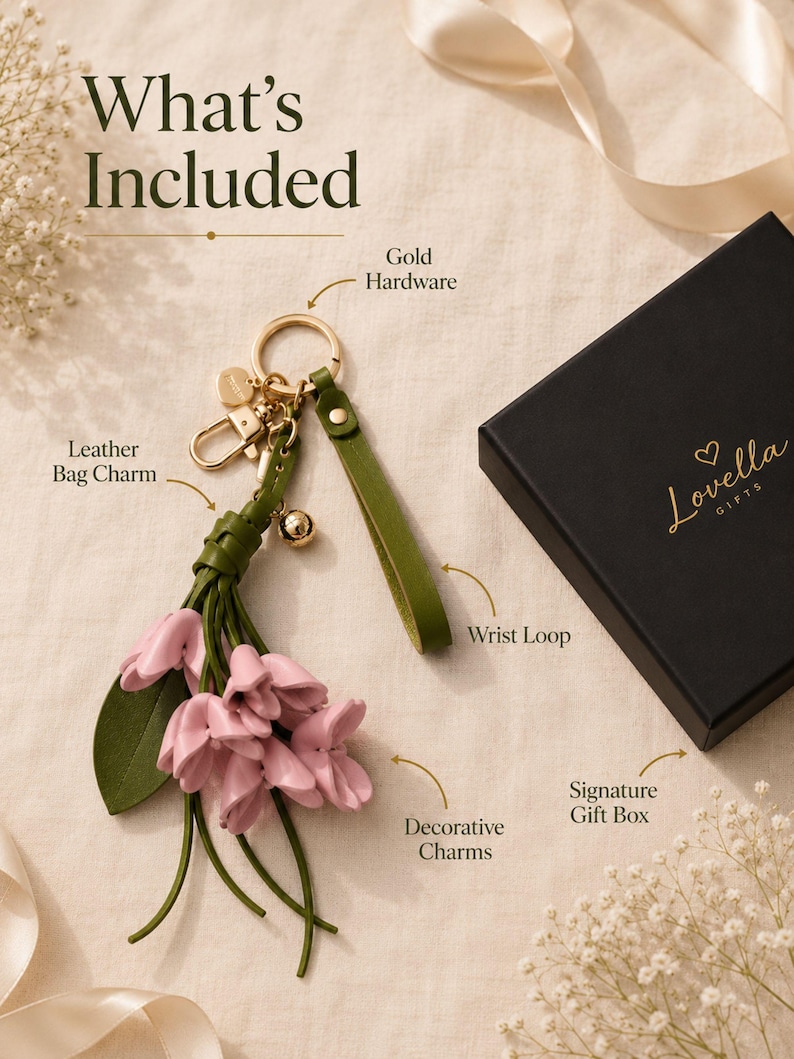 Luxury botanical leather bag charm featuring blush pink leather flowers, olive green leather leaves, decorative tassel, wrist loop, premium gold hardware, and elegant handbag accessory. Handmade floral purse charm designed for luxury handbags, designer inspired totes, shoulder bags, crossbody purses, woven beach bags, and everyday handbags. Arrives beautifully packaged in a signature gift box, making a ready to gift birthday gift, Mother's Day gift, bridesmaid gift, Christmas gift for women.