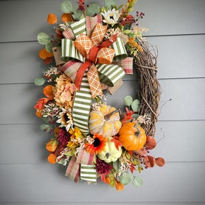 Fall Pumpkin Grapevine Wreath: Autumn Door Decor, Handmade Bow