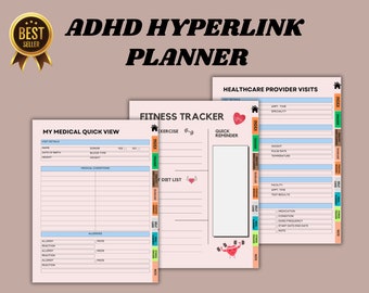 Op de afbeelding: Drie afdrukbare plannerpagina's met roze, blauwe en oranje accenten. De pagina's zijn getiteld "Mijn medische snelle weergave", "Fitness Tracker" en "Bezoeken aan de zorgverlener". Elke pagina heeft secties voor het bijhouden van medische informatie, lichaamsbeweging, dieet en afspraken.