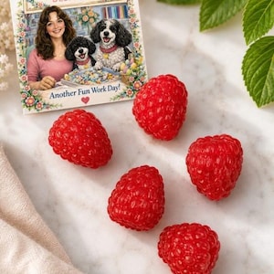 May include: A still-life image featuring five bright red raspberries scattered on a white marble surface. A book cover with the text "Fake & Fancy DESIGN LLC" and the phrase "Another Fun Work Day!" is also present. Green leaves and a beige cloth add to the composition.